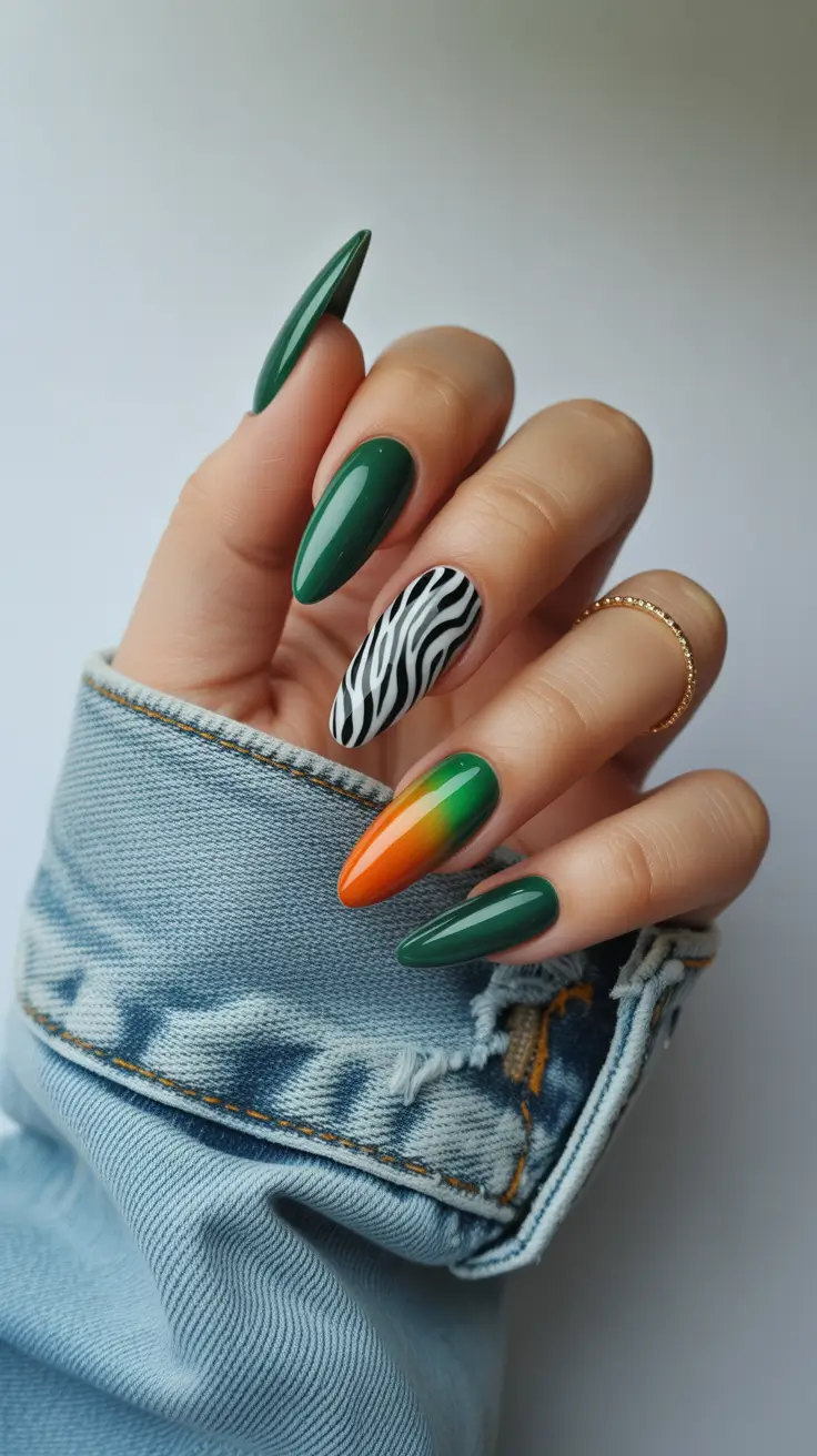 stiletto-nails Jungle Mix with Zebra Art and Sunset Fade