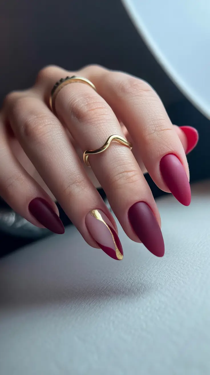 stiletto-nails Burgundy Matte with Golden Drama
