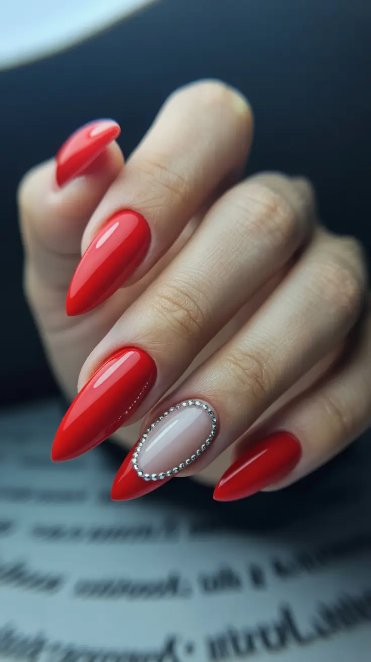 stiletto-nails Classic Red with Crystal Framing