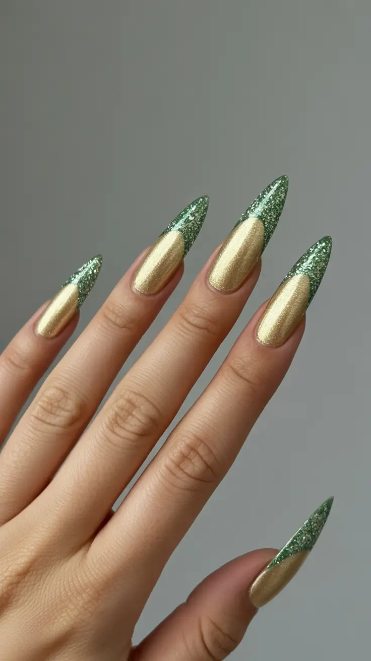 stiletto-nails Emerald Glitter Peaks with Golden Satin