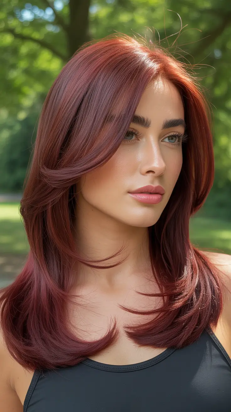 Top haircuts for long hair 2026 Deep Red Layers with Side Fringe