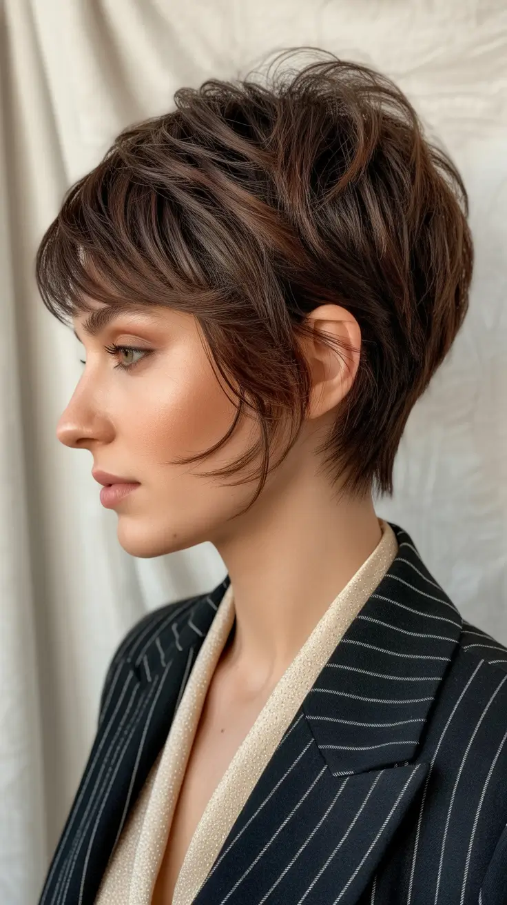 asymmetrical pixie haircut textured brunette edge