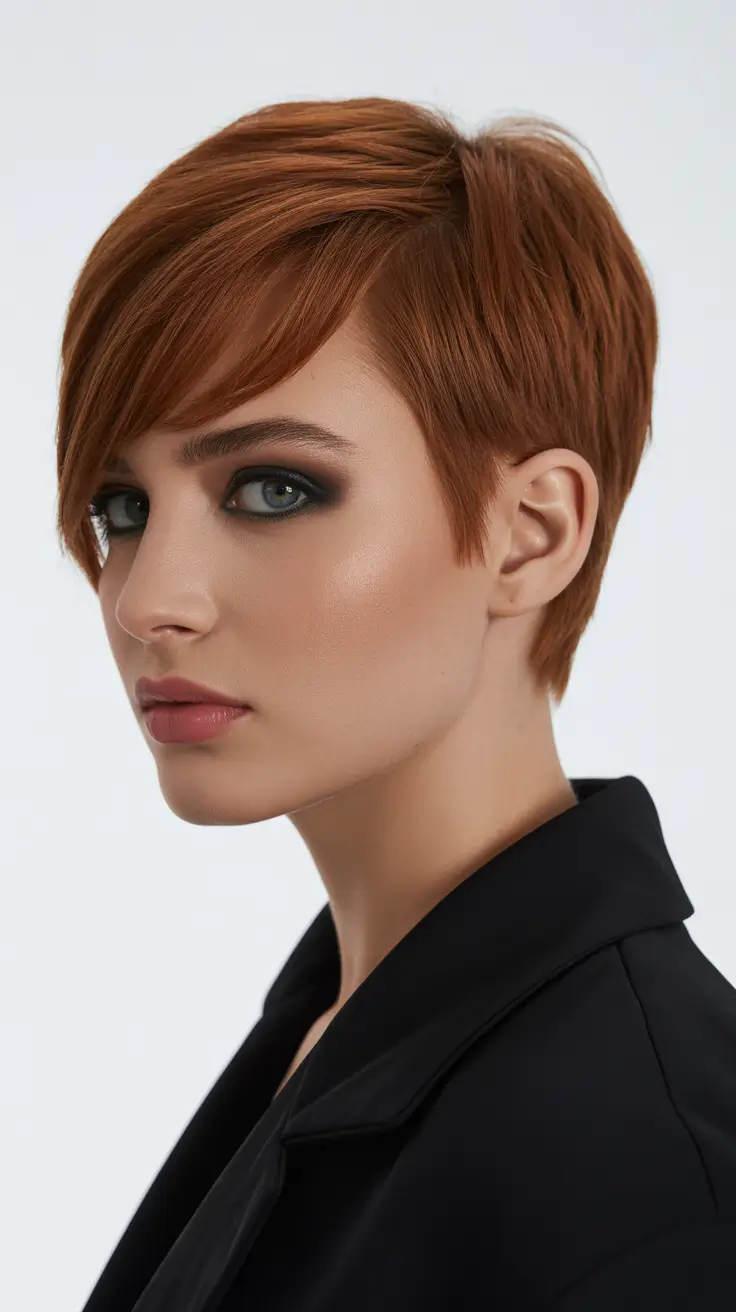 asymmetrical pixie haircut rust toned precision pixie