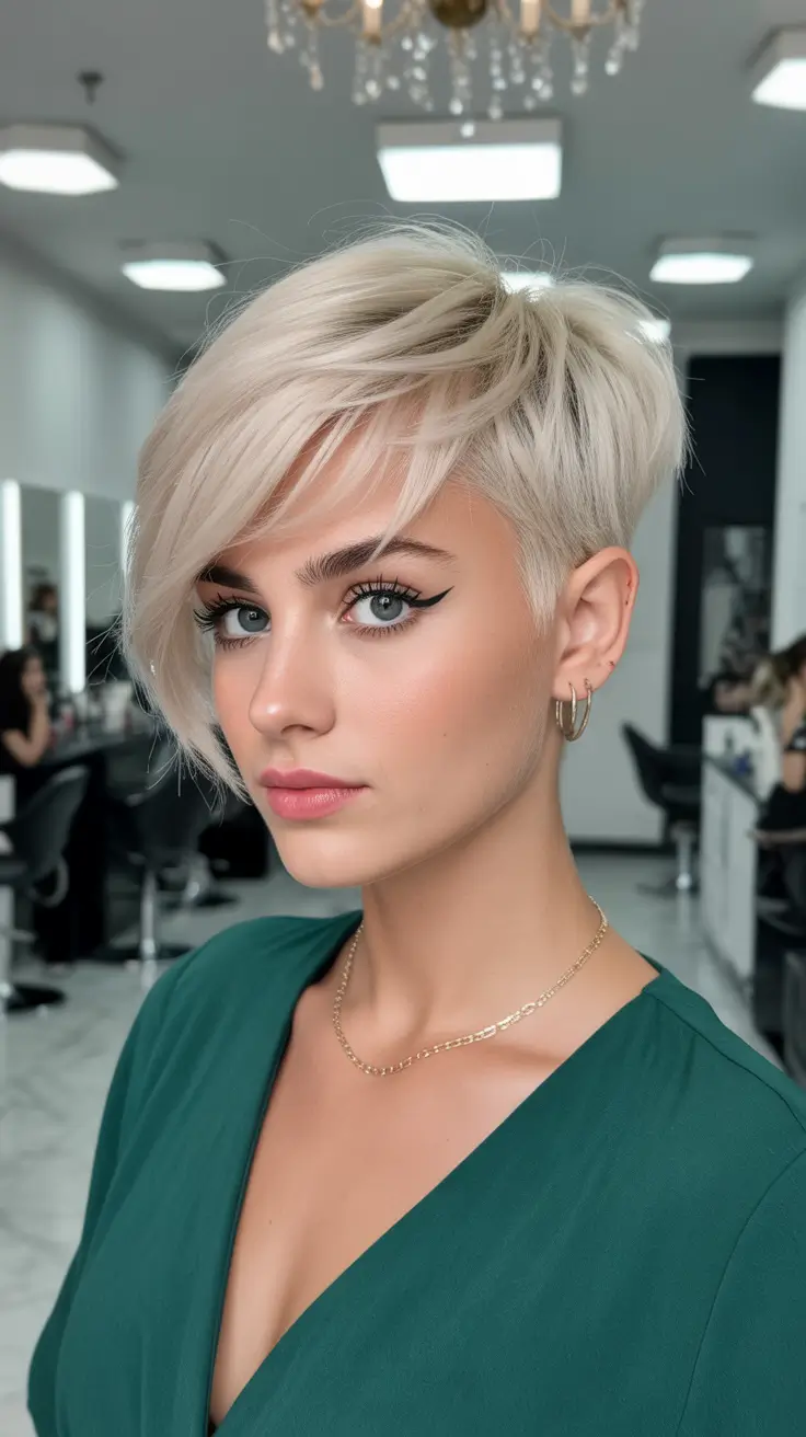 asymmetrical pixie haircut frosted platinum sweep