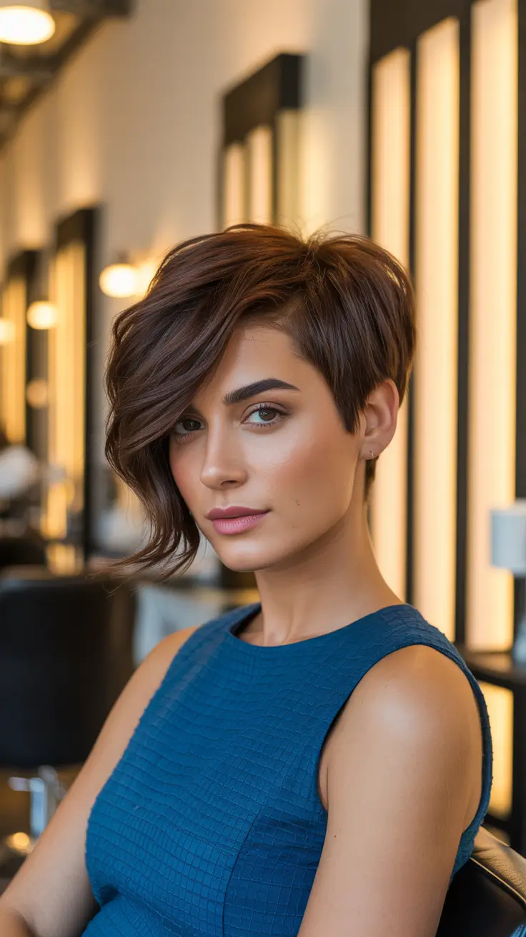 asymmetrical pixie haircut honey brunette confidence