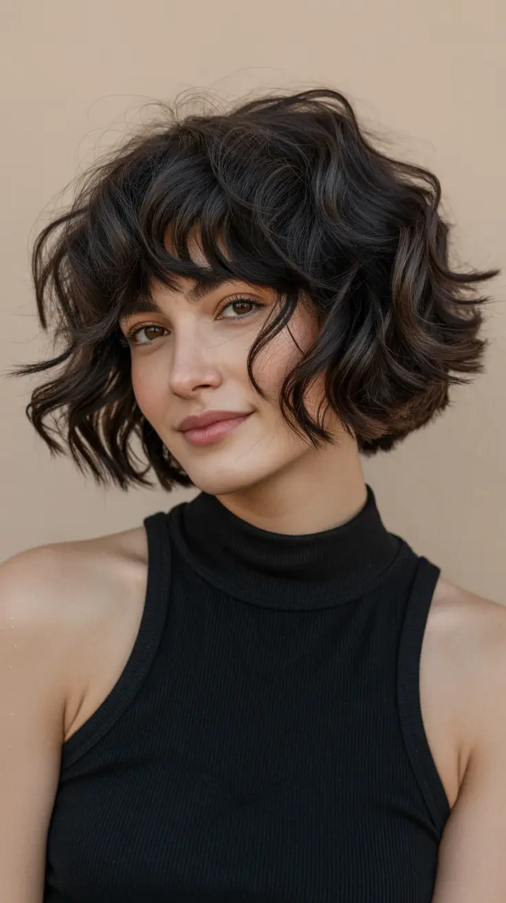choppy bob haircuts 2026 Dark Tousled Bob with Curtain Bangs