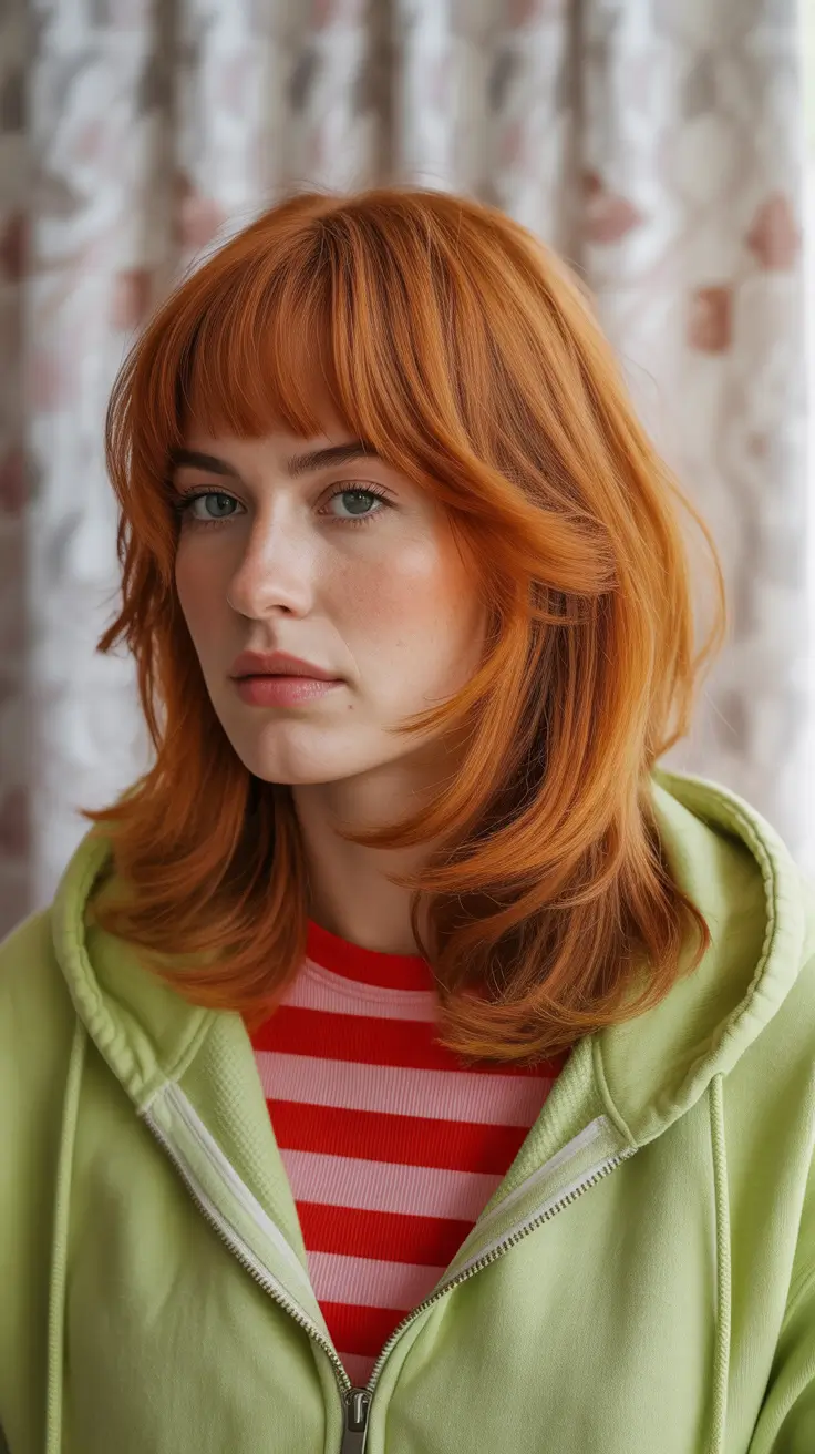 Trendy haircuts 2026 Copper Mid-Length Shag with Bangs