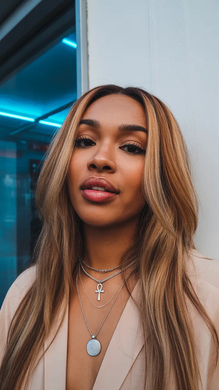 Trendy hairstyles for black women 2026 Warm Honey-Brunette Layers with Face-Framing Highlights