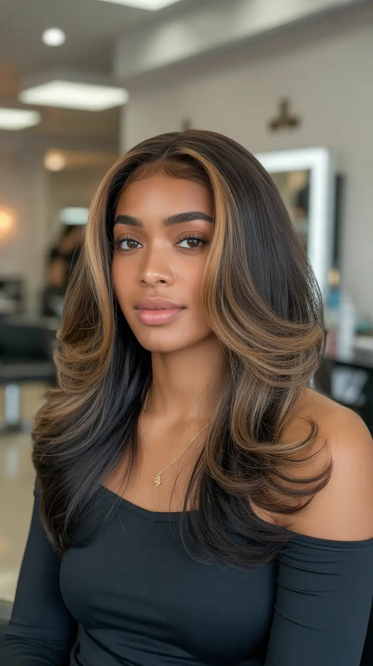 Trendy hairstyles for black women 2026 Layered Face-Frame with Dimensional Honey Panels