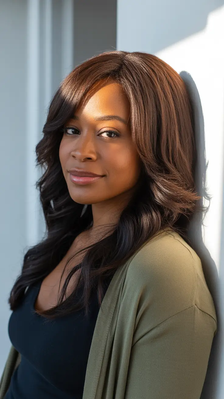 Trendy hairstyles for black women 2026 Soft Layered Blowout with Warm Brown Dimension