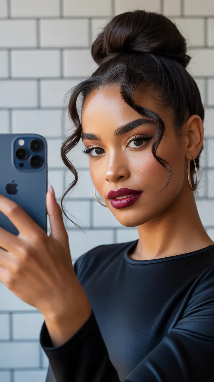 Trendy hairstyles for black women 2026 High Ballet Bun with Soft Tendrils