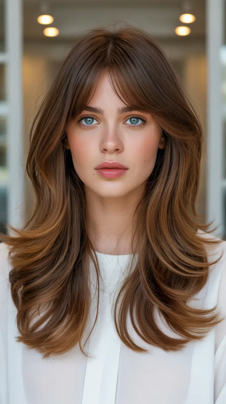 Trendy hairstyles with bangs 2026 Long Layered Brunette with Curtain Bangs