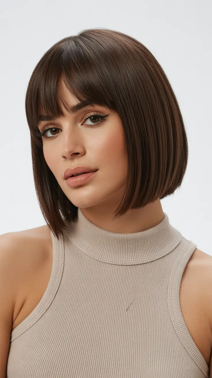 Trendy hairstyles with bangs 2026 Sleek Short Bob with Blunt Fringe
