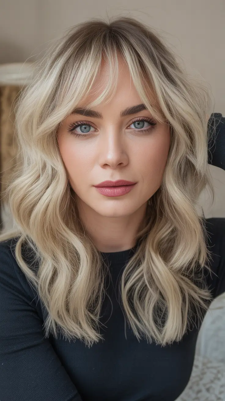 Trendy hairstyles with bangs 2026 Curly Blonde with Wispy Curtain Bangs