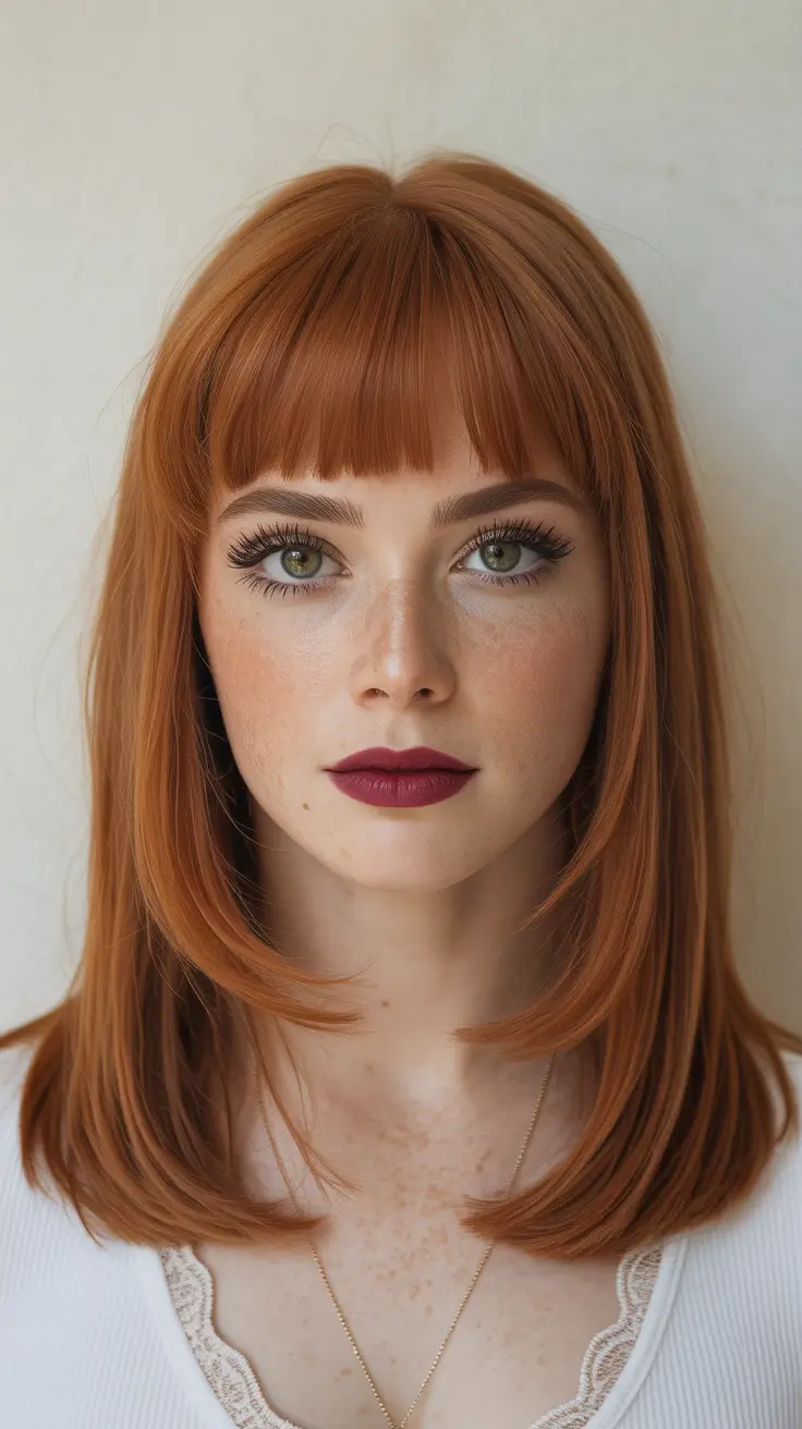 Trendy hairstyles with bangs 2026 Classic Red Medium Cut with Blunt Fringe