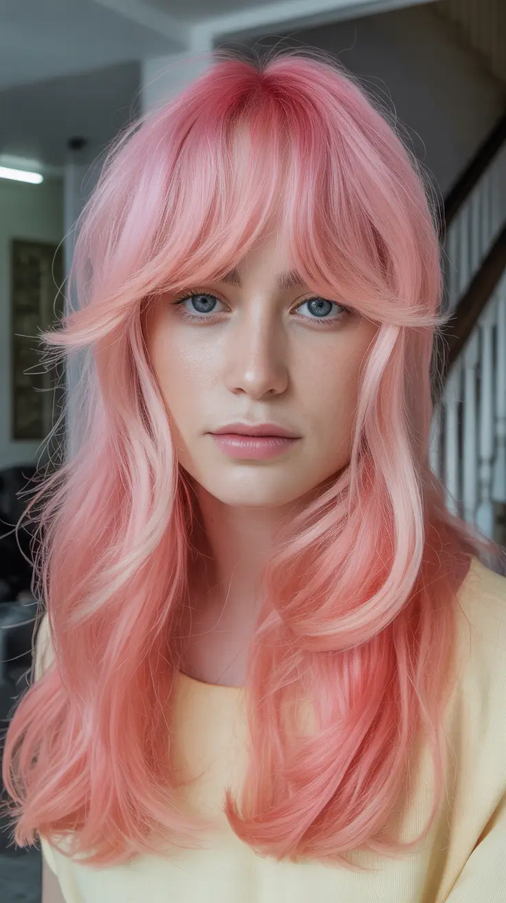 Trendy hairstyles with bangs 2026 Long Pink Layers with Curtain Bangs