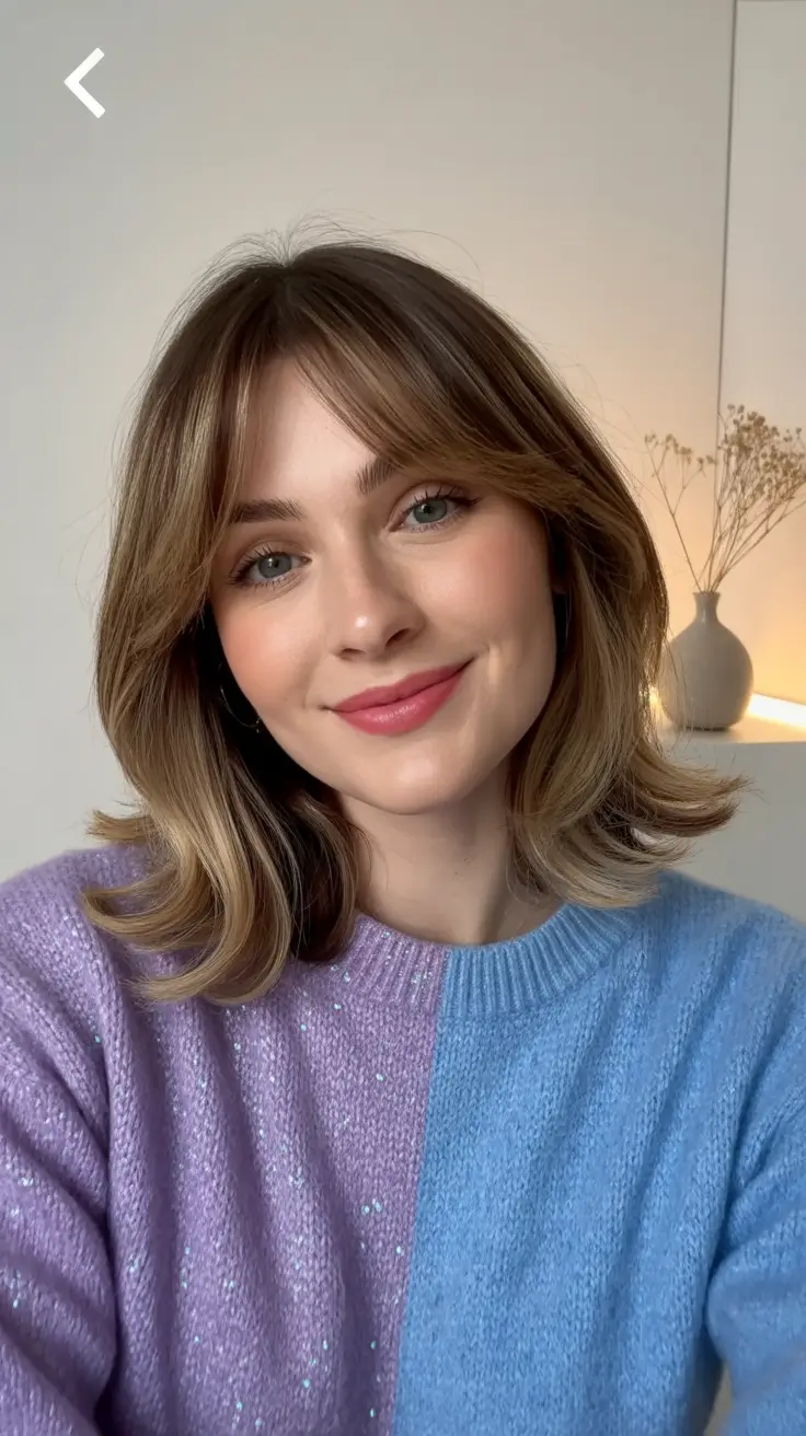 lob haircut with bangs Soft Curtain Bangs and Honey-Toned Layers