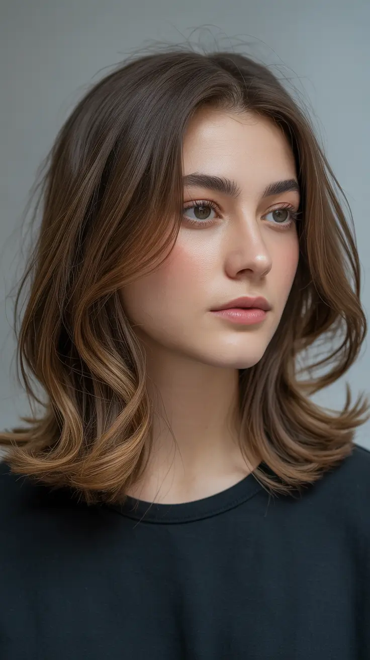 inverted lob haircut Wavy Inverted Lob with Caramel Tones