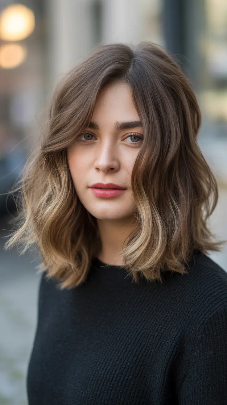 lob haircut layered Balayage Waves with Subtle Dimension