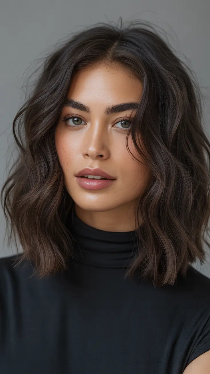 lob haircut thick hair Rich Brunette with Tousled Body