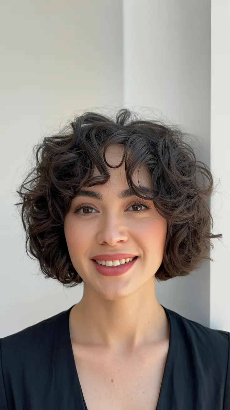 lob haircut for curly hair Playful Curls with Micro Bangs