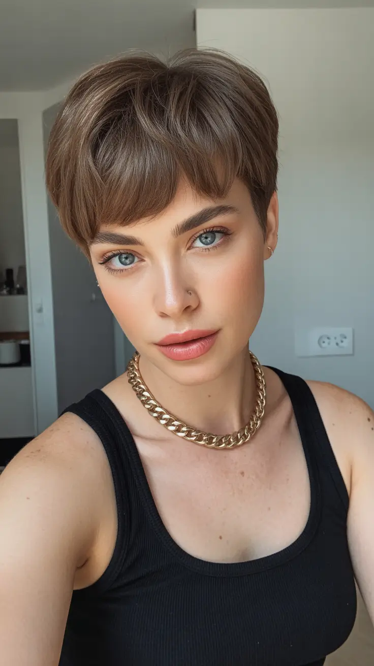 pixie haircut with bangs Golden Ash Pixie with Bangs