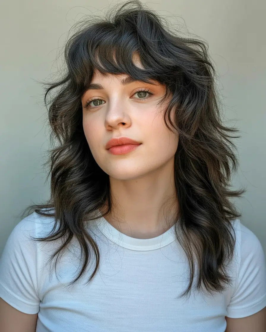 Trendy shag haircut 2026 Layered Medium Shag with Soft Bangs