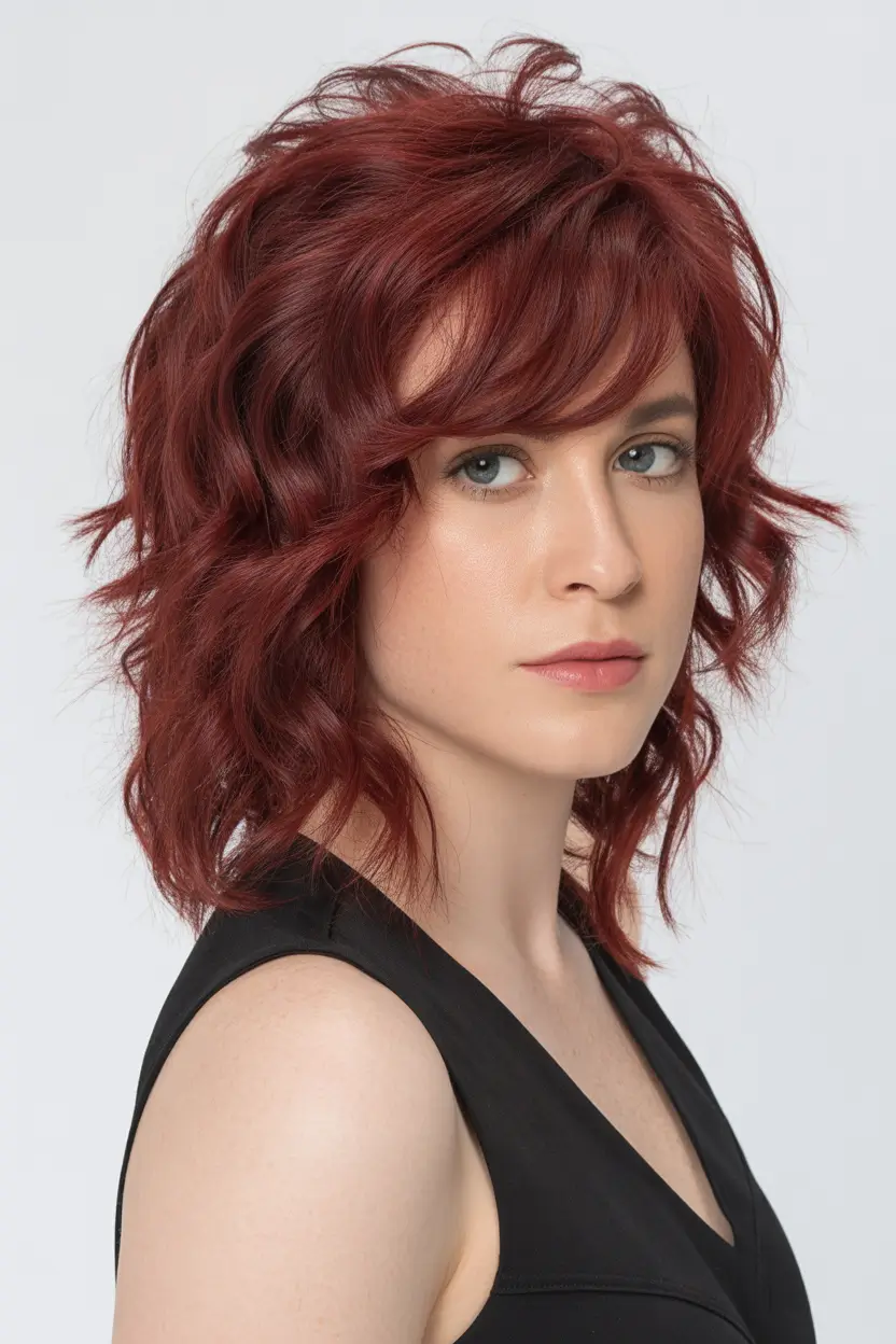 Trendy shag haircut 2026 Red Tousled Shag with Layered Volume