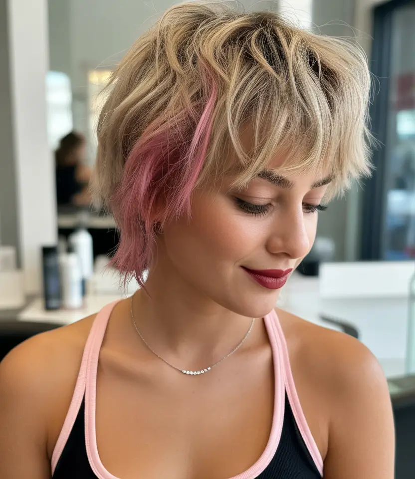 Trendy shag haircut 2026 Short Blonde Shag with Pink Accent