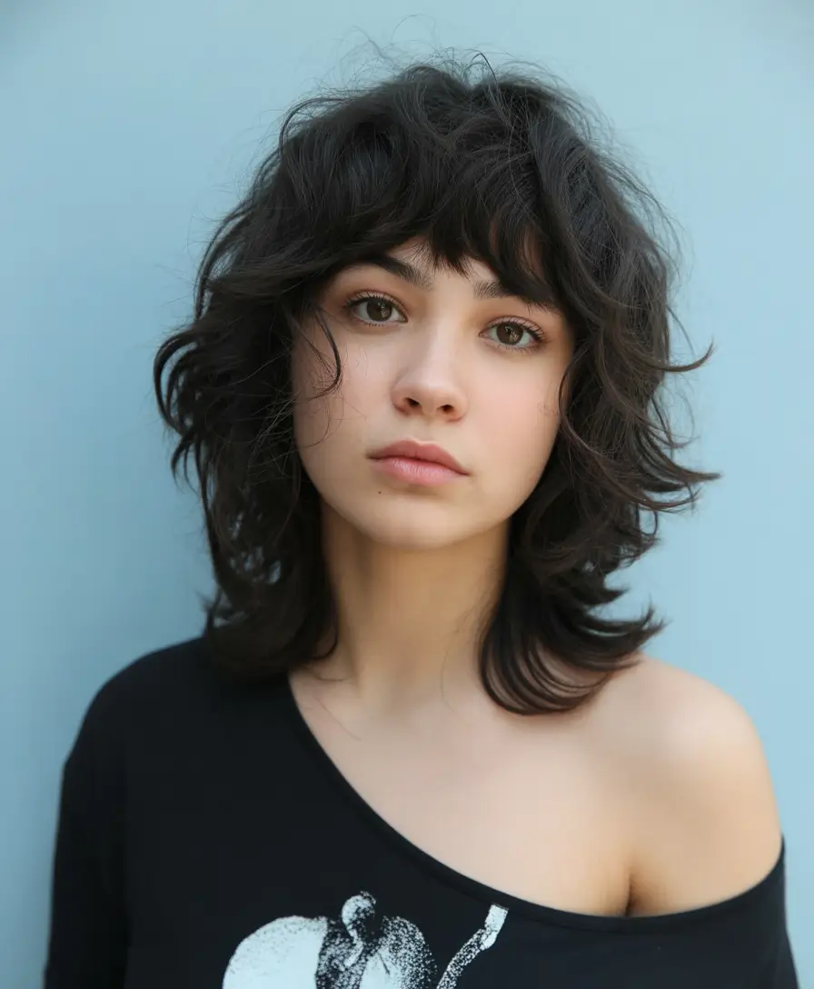 Trendy shag haircut 2026 Feathered Medium Shag with Baby Bangs