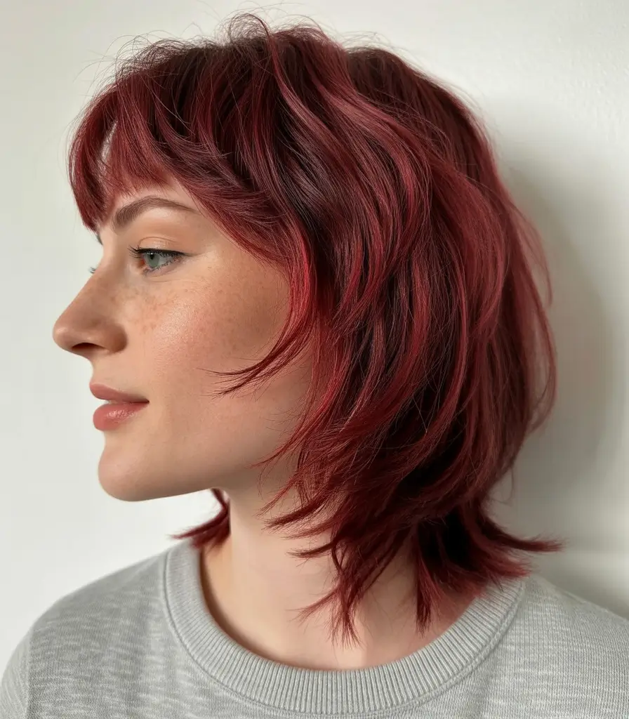 Trendy shag haircut 2026 Crimson Layered Shag with Texture