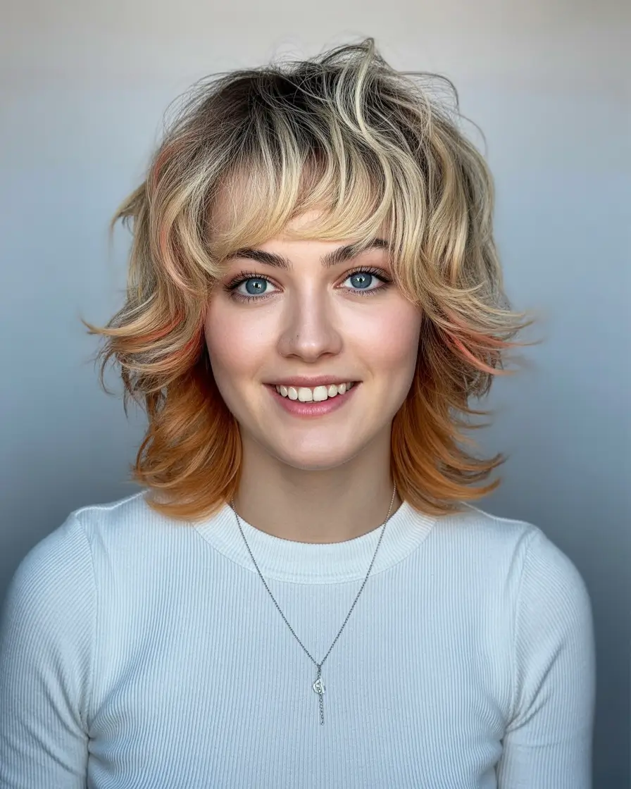 Trendy shag haircut 2026 Two-Tone Blonde Shag with Peach Tips