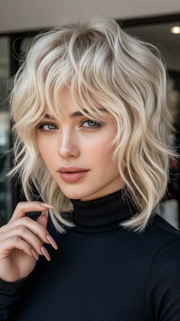 Trendy shag hairstyles 2026 Soft Platinum Shag With Wispy Bangs