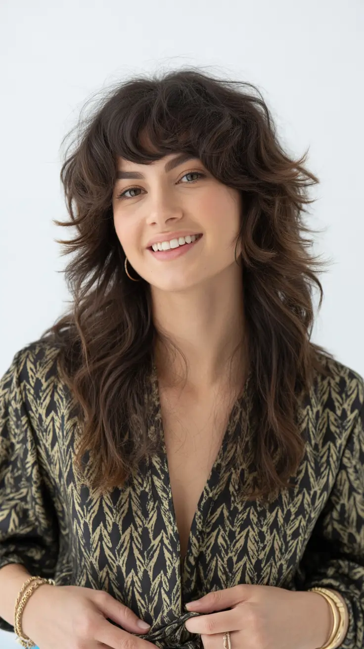 Trendy shag hairstyles 2026 Classic Shag With Rounded Bangs and Warm Texture