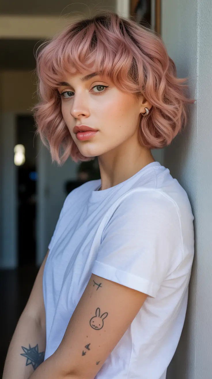 Trendy shag hairstyles 2026 Playful Pink Short Shag With Soft Waves