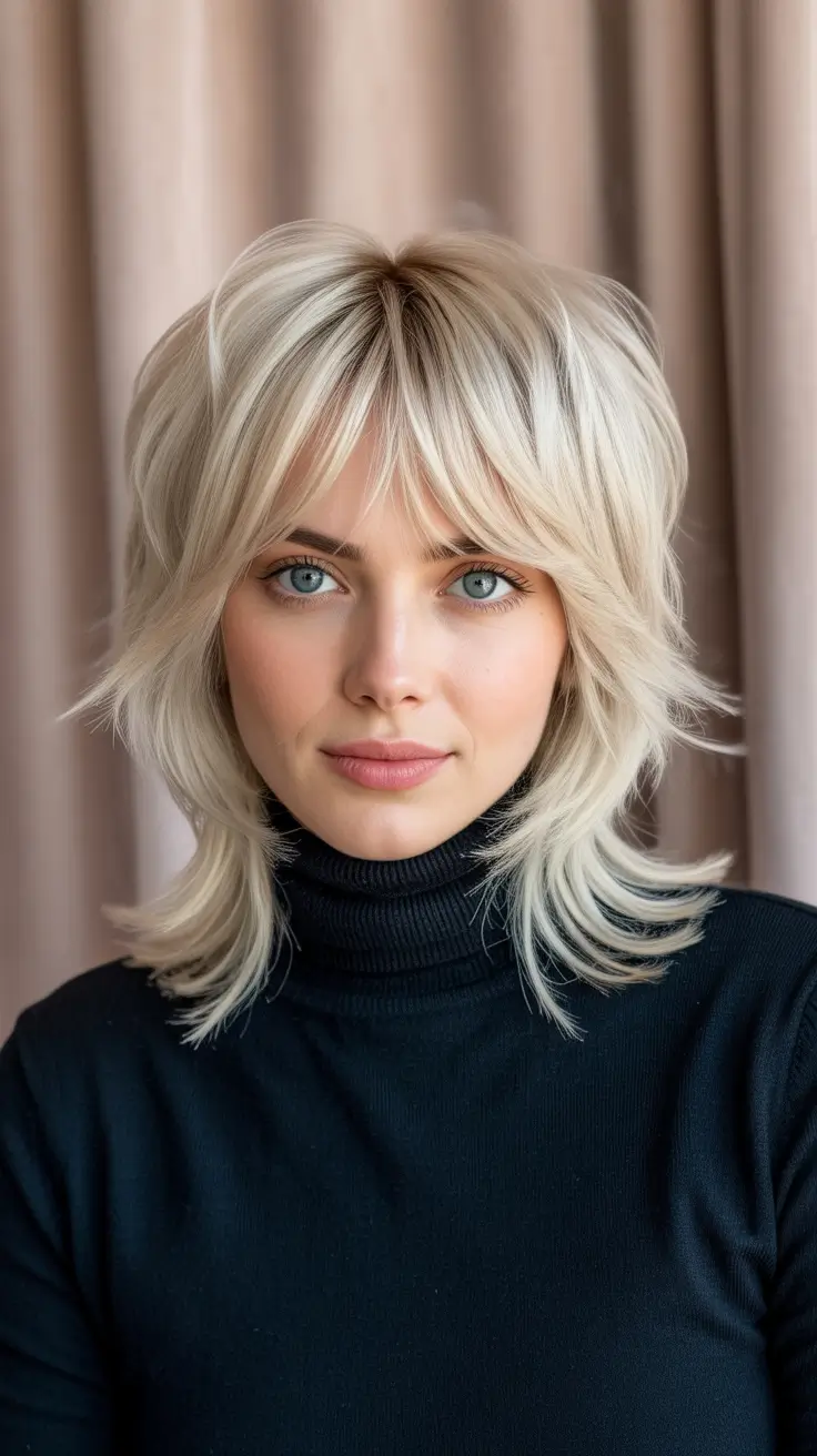 Trendy shag hairstyles 2026 Icy Blonde Medium Shag With Feathered Bangs