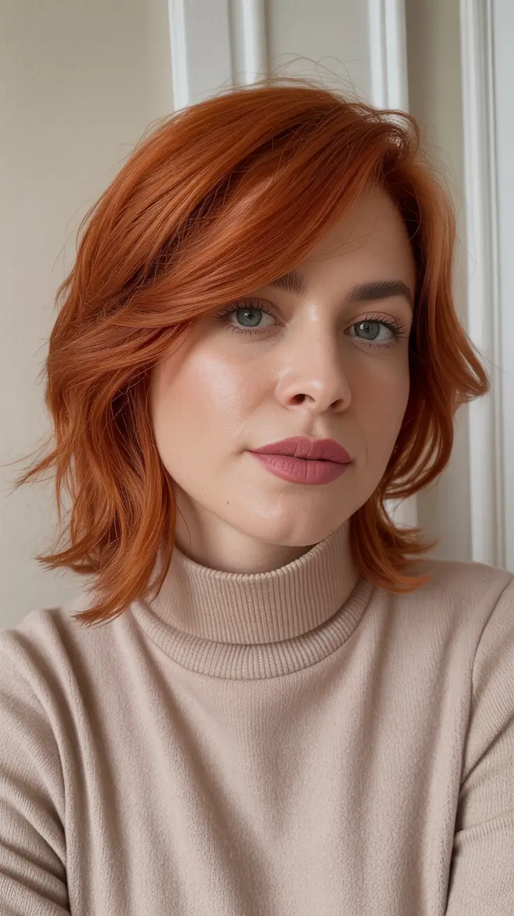 Trendy shag hairstyles 2026 Copper-Toned Short Shag With Side Movement