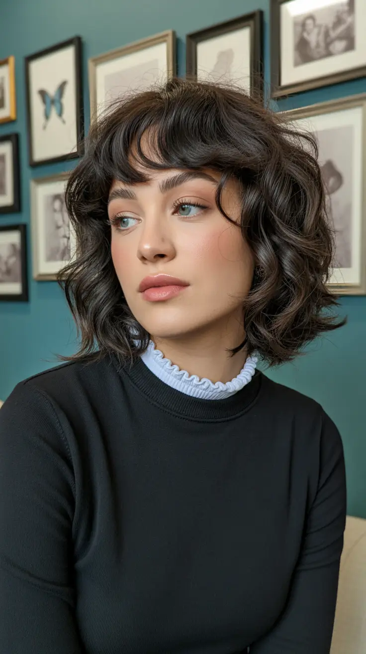 Trendy shag hairstyles 2026 Soft Curly Bob Shag With Rounded Bangs