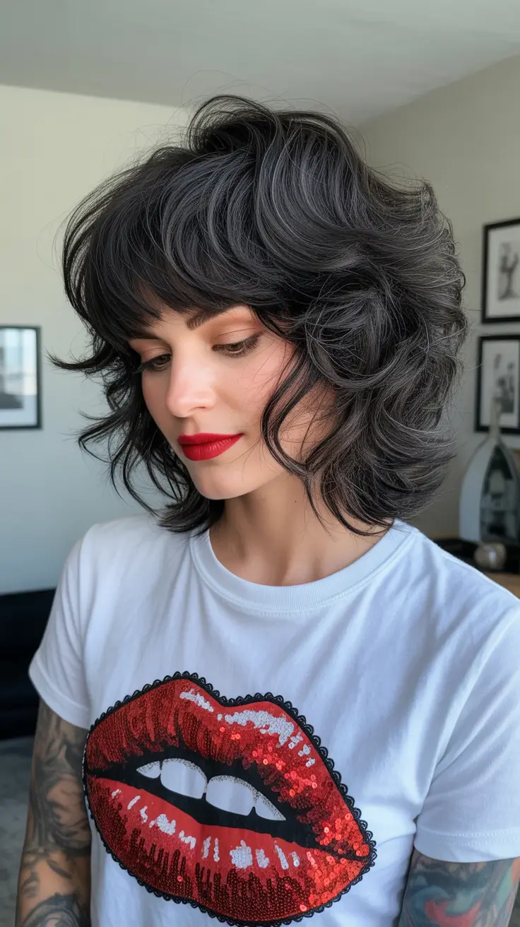 Trendy shag hairstyles 2026 Dark Curly Shag With Volume and Attitude