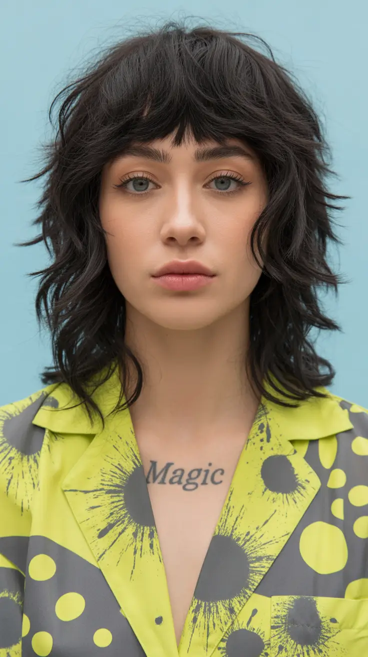 Trendy shag hairstyles 2026 Edgy Mid-Length Shag With Graphic Bangs