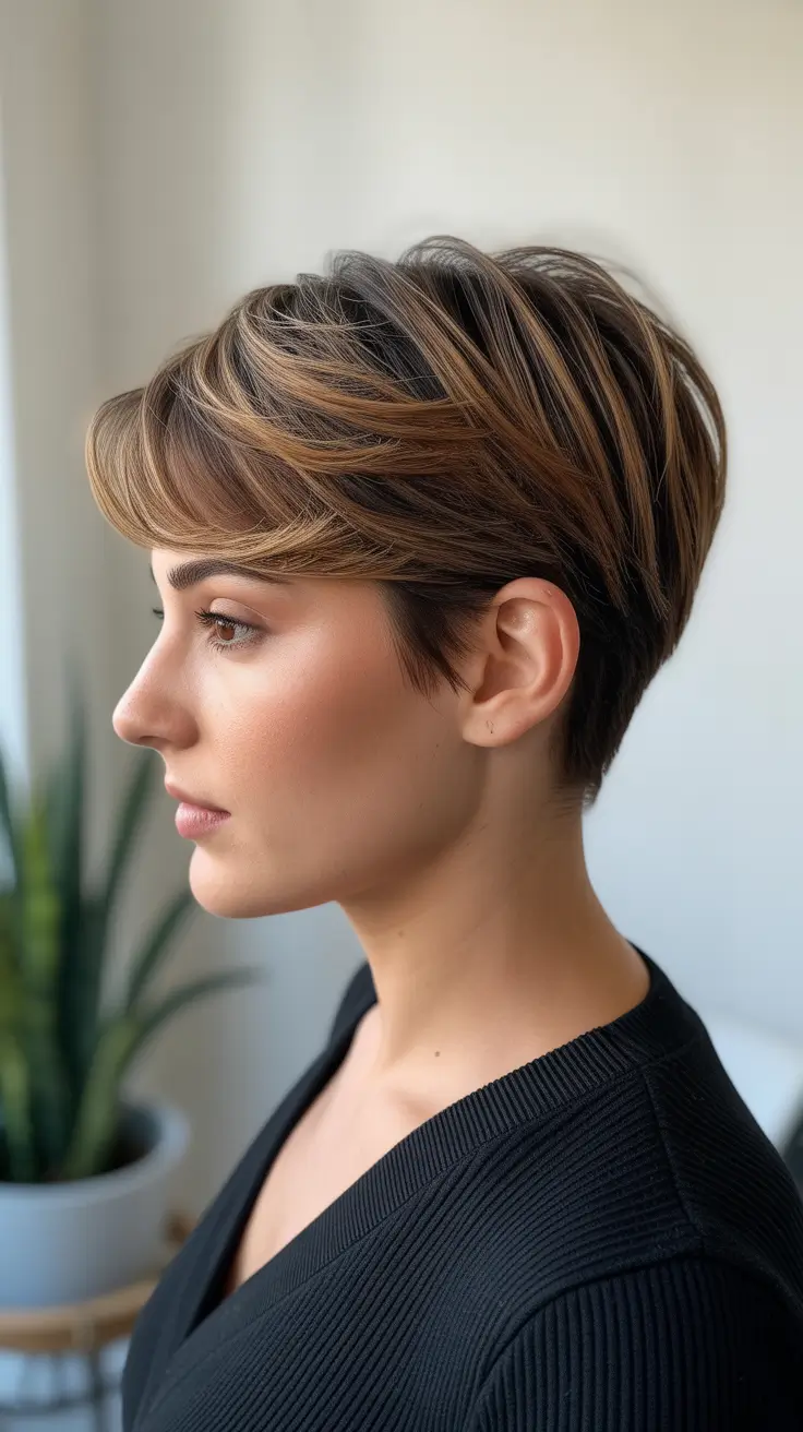 short haircuts for women for round face Feathered Pixie with Warm Highlights