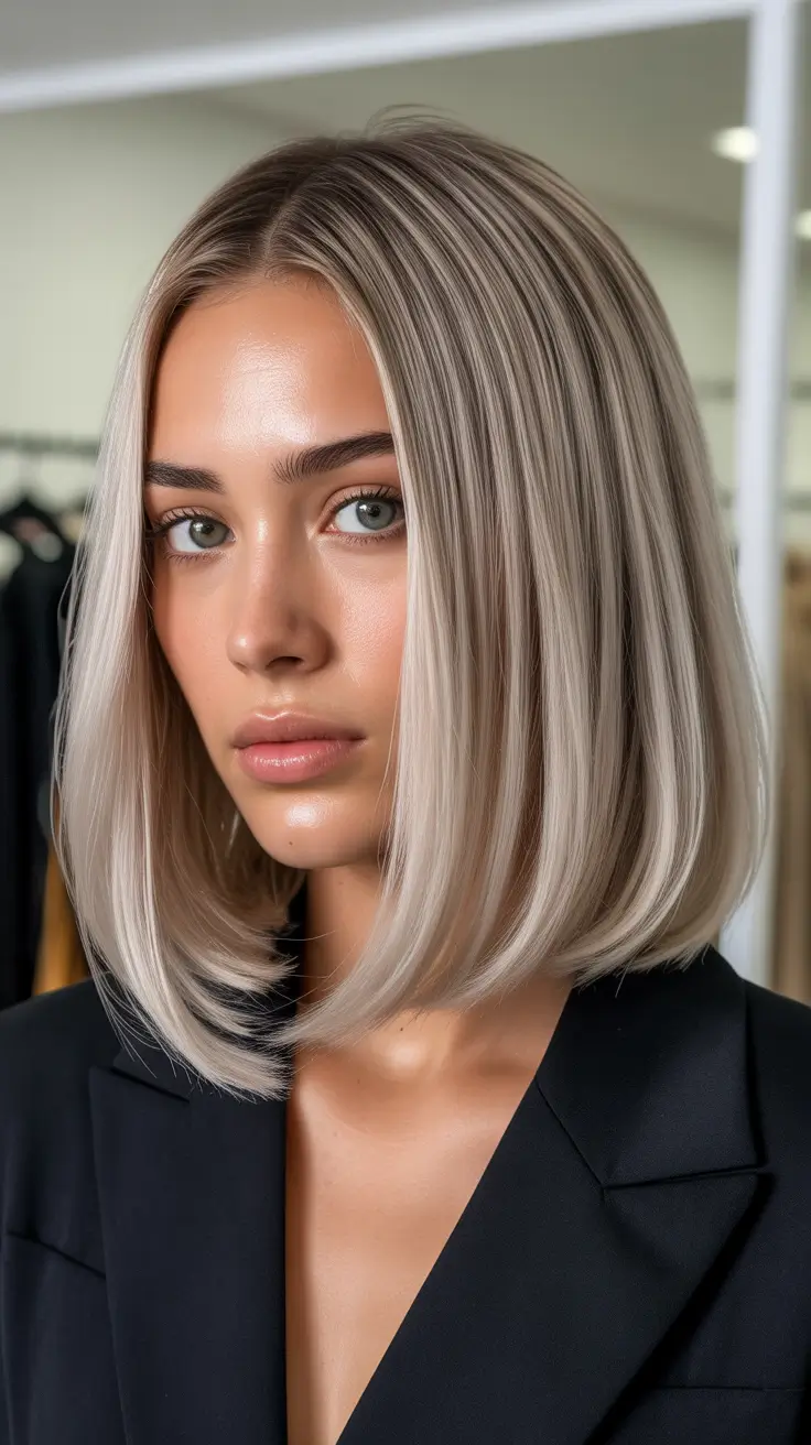 Trendy straight hairstyles 2026 - Platinum Precision Bob with Lived-In Roots