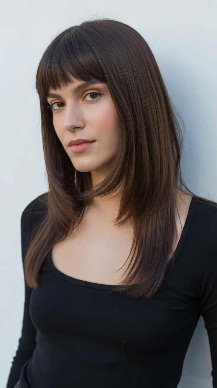 Trendy straight hairstyles 2026 - Straight Layered Medium Cut with Soft Bangs