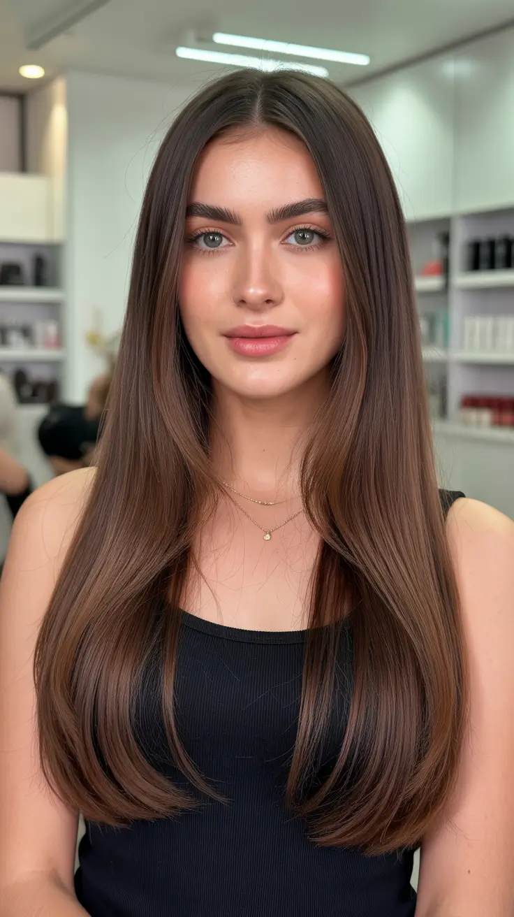 Trendy straight hairstyles 2026 - Face-Framed Glossy Length with Soft Layers