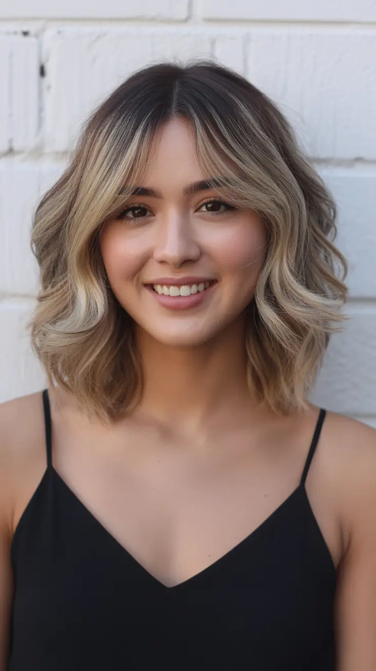 bold spring balayage hair color 2026 Soft Blonde Wavy Bob With Natural Root Melt