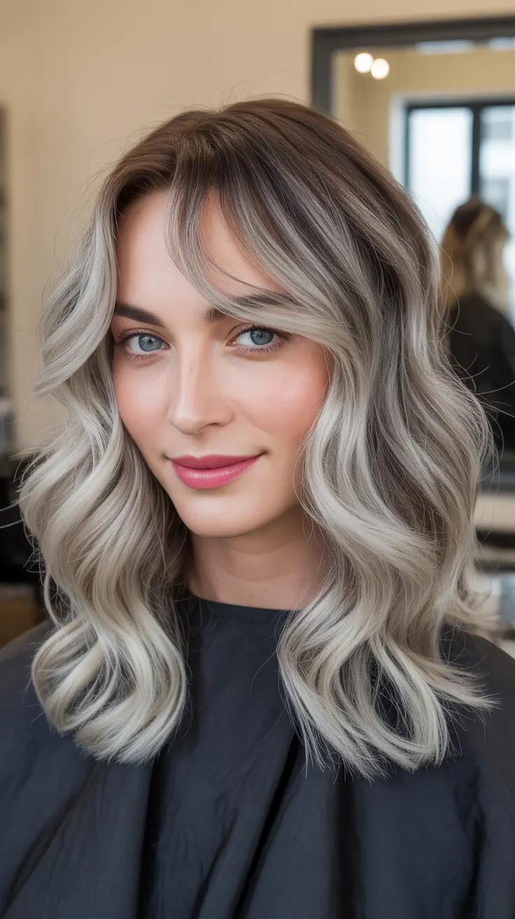 bold spring balayage hair color 2026 Soft Silver-Blonde Balayage With Airy Waves