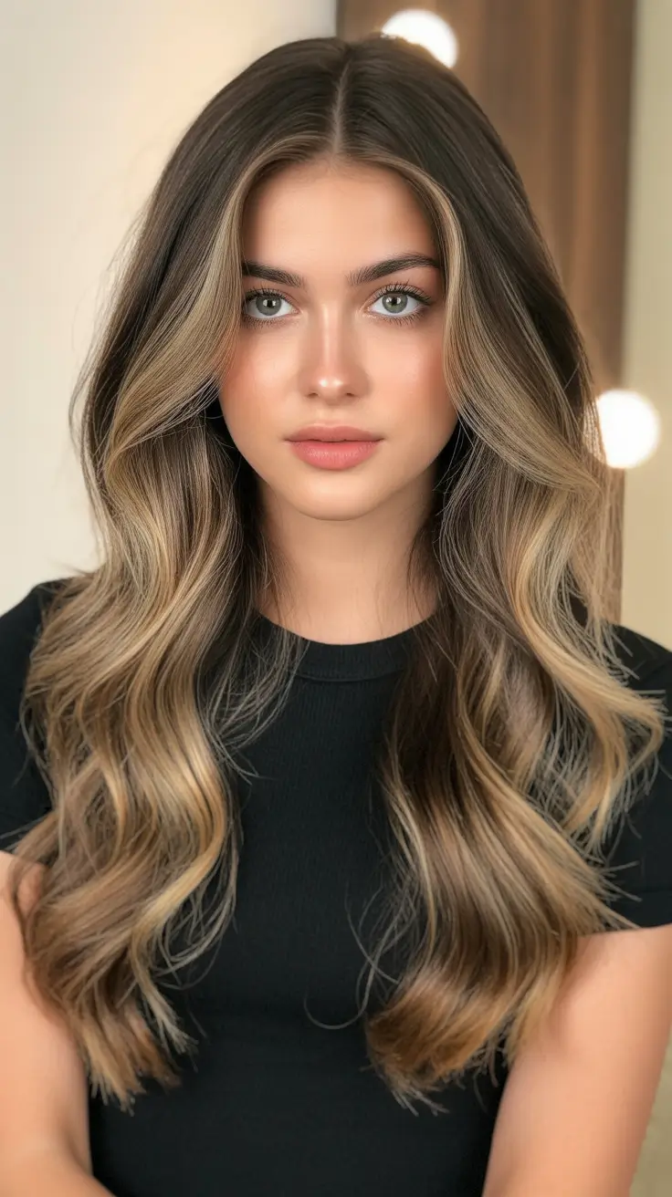 bold spring balayage hair color 2026 Soft Brunette Balayage With Creamy Contour Highlights