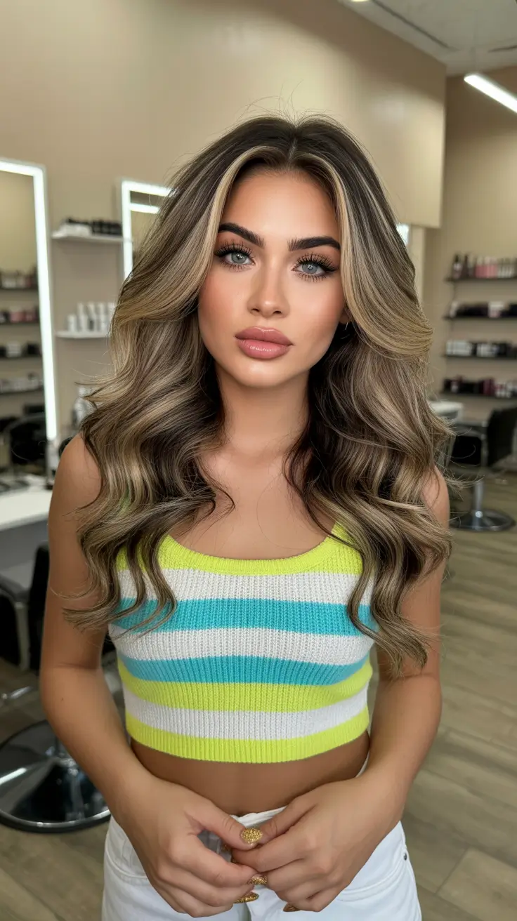 bold spring balayage hair color 2026 Striped Blonde Contour Balayage With Voluminous Waves