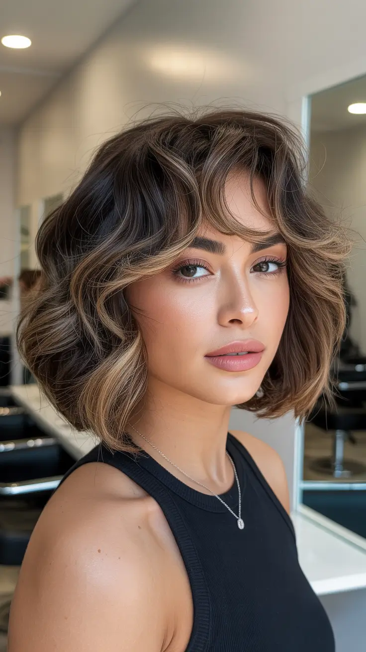 bold spring balayage hair color 2026 Soft Brunette Bob With Curled Ends and Subtle Warm Highlights