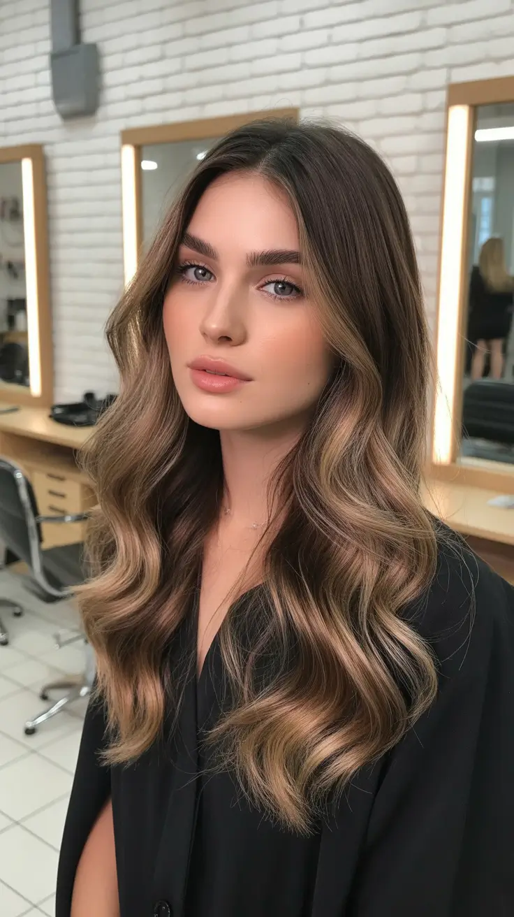 bold spring balayage hair color 2026 Warm Brunette Balayage With Caramel Highlights